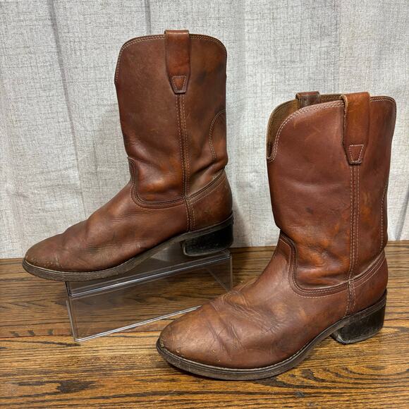 Vintage Brown Leather Roper Cowboy Work Boots Men’s 10.5 EE Western - Picture 2 of 10